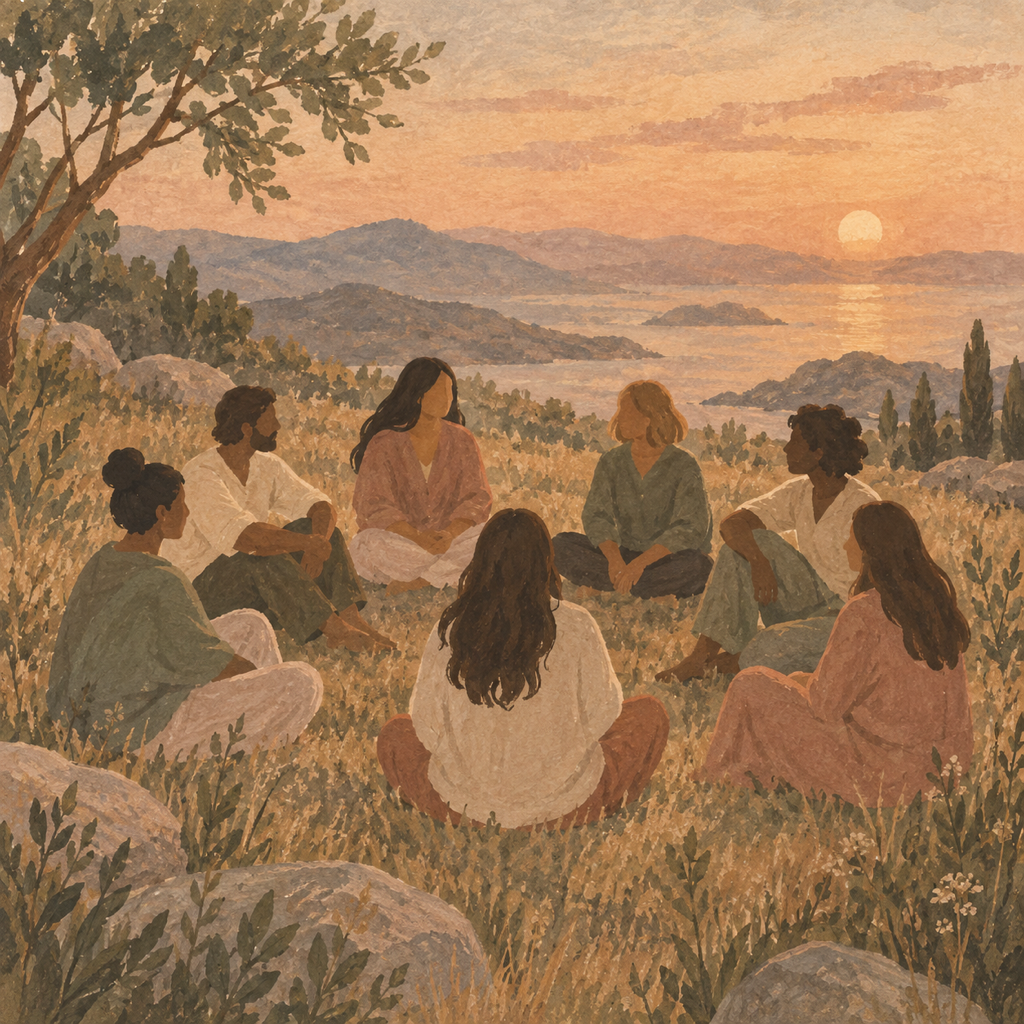 Seven people sitting together in a circle on a hillside at sunset