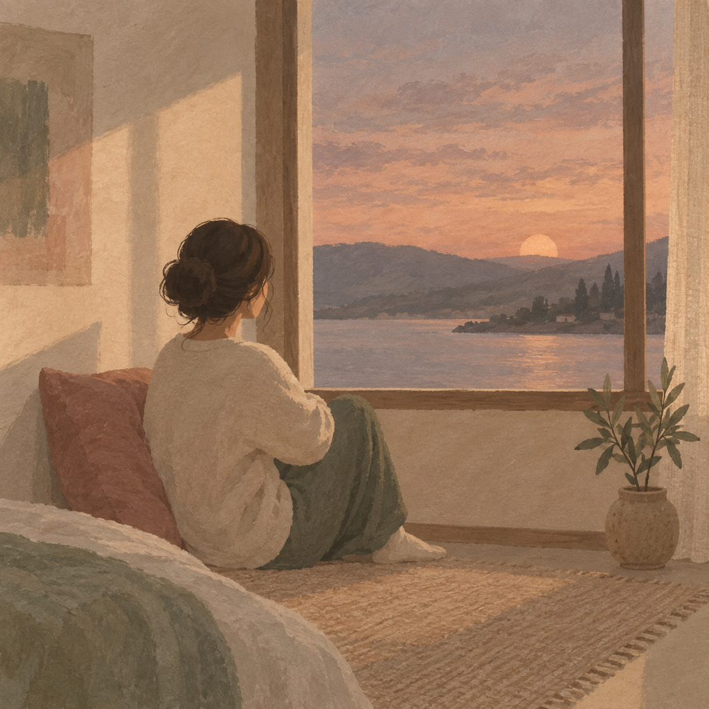 A person sitting quietly beside an open window at sunset